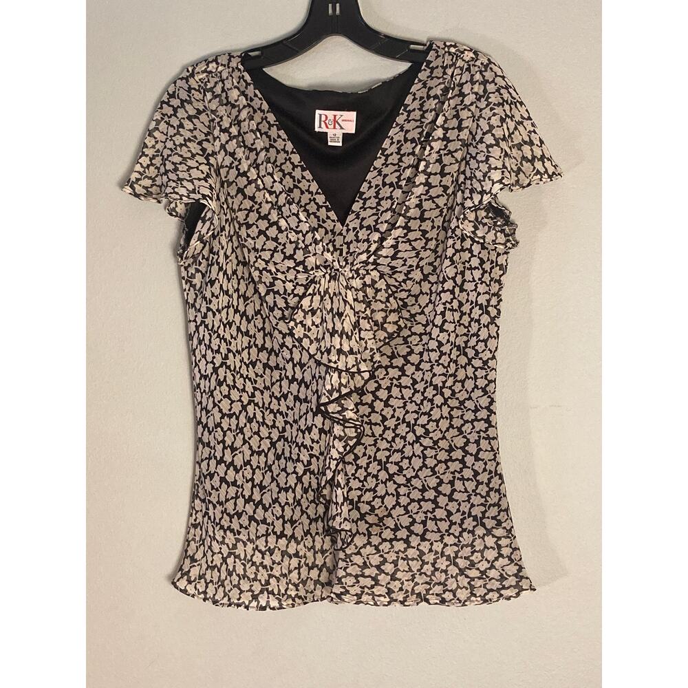 Vintage 90s Romantic Flower Frill Top Black White Floral Print  ~ Sz 12 Fits M/L - Picture 4 of 7